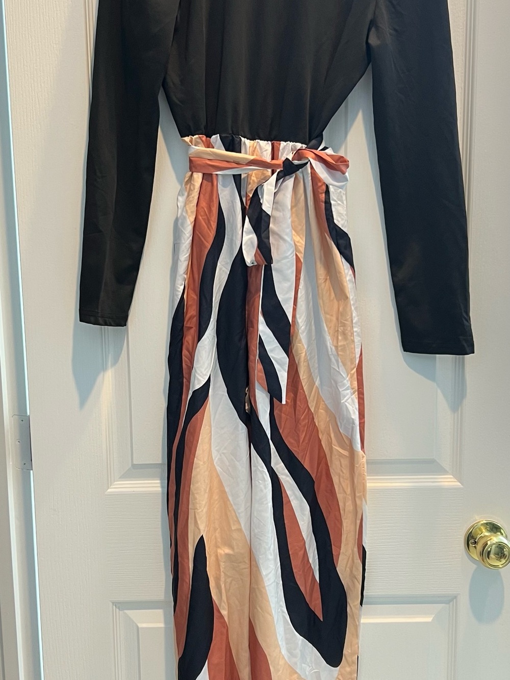 Black Long-Sleeve Jumpsuit with Striped Rust & Cream